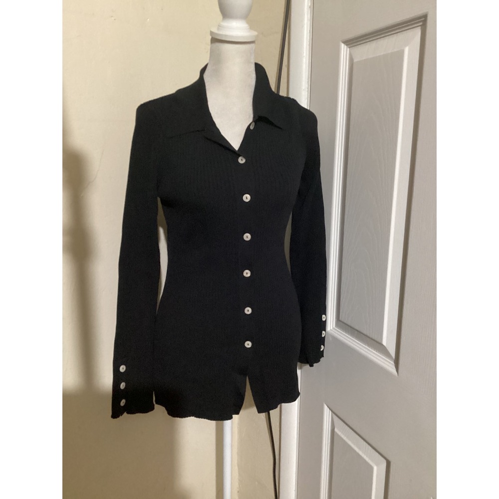 House of Harlow 1960 Black Ribbed Button Down Cardigan Top Small Long Sleeve